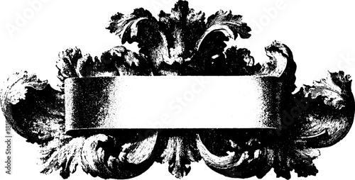 Antique engraving print with decorative silhouette design. Hand-drawn outline vector illustration in vintage style featuring elegant borders.