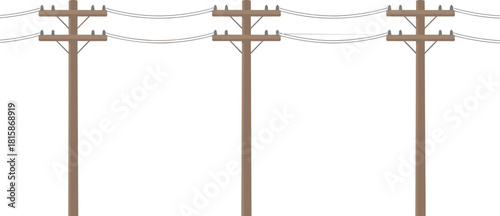 Wooden electricity utility poles with power lines connected across three posts in a clean minimal layout, detailed cad drawing flat vector illustration