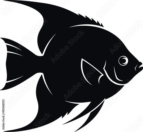 Silhouette of tropical angelfish swimming, black vector illustration, isolated on white background, aquarium pet design element, marine life symbol.