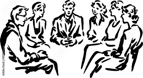 Group of people engaged in a discussion. Simple black and white vector illustration depicting a meeting set.