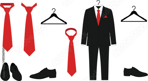 Black suit, red tie, formal menswear, dress shoes, elegant outfit, fashion display, retail clothing, wardrobe styling, groom attire, classic look