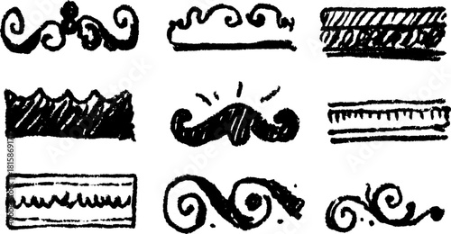 Silhouette hand-drawn elements in black outline style. Decorative vector illustration with unique designs for crafting and artistic projects.