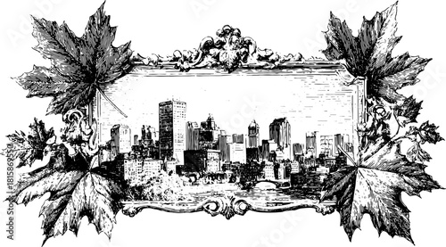 City skyline illustration framed with decorative leaves. Vintage black and white vector artwork, showcasing architectural details in a set.