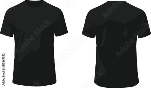 Black T-shirt front and back view, plain crew neck shirt, blank apparel mockup, fashion template, clothing design, retail display