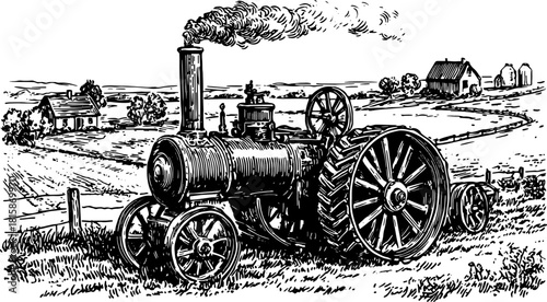 Vintage tractor engine in black and white, with detailed outline. Vector illustration showcasing rural scenery and machinery in a landscape.