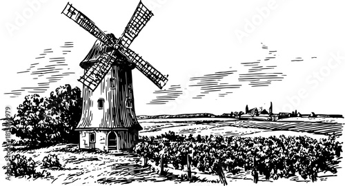 Vintage windmill in a black and white outline illustration. Scenic rural landscape set featuring fields, trees, and a distant horizon.