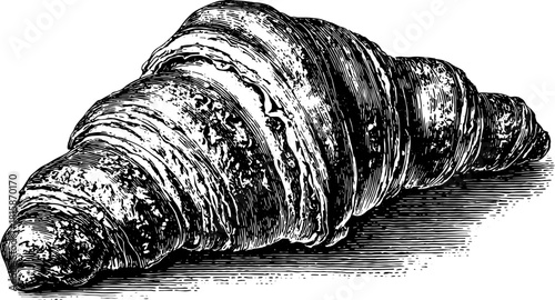 Croissant pastry depicted in vintage engraving style. Detailed vector illustration showcasing classic and flaky bakery art.
