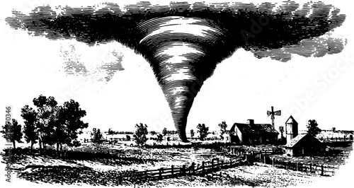 Tornado engraving in vintage style. Detailed black outline illustration of a rural scene with a farm and windmill, created as a vector illustration.