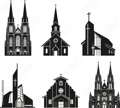 Six black silhouettes of various church buildings showcasing different architectural styles and religious symbols.