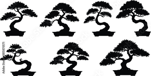 Bonsai tree silhouettes vector set, Japanese plant artwork, decorative potted tree icons, Asian nature illustration, botanical design elements, cultural garden graphics