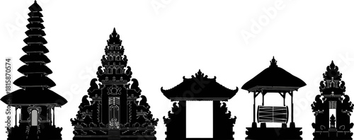 Silhouettes of traditional Balinese temple architecture, featuring various ornate gates, multi-tiered meru towers, and pavilions against a white background.