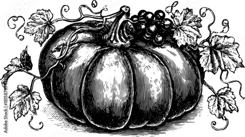 Vintage pumpkin illustration with detailed line drawing and botanical elements. This black and white vector art features a decorative design set.