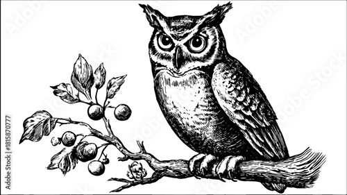 Owl illustration in black and white line drawing style. Vintage engraving on a branch, showcasing realistic detail in this unique vector set.