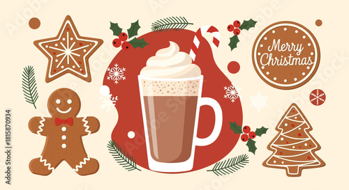 Delightful Christmas gingerbread cookies and hot chocolate evoke cozy holiday cheer, perfect for festive designs and seasonal promotions this winter