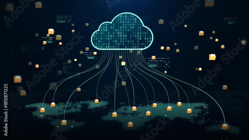 Digital file folders are transferred to cloud storage over a global network, symbolizing data upload, cloud computing, backup systems, cybersecurity, and modern digital infrastructure.