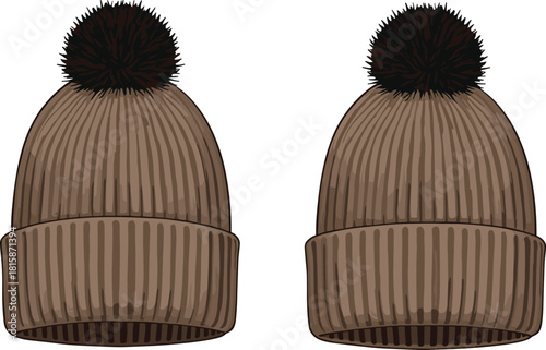 Brown knit beanies with black pom-poms, winter fashion accessories, cozy headwear, ribbed texture, folded brim, isolated white background