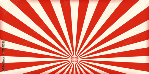 Striped retro circus banner empty central space for headline. Vintage design for poster template, magic show, theatre, attractions, carnival events. Horizontal vector illustration red beige colors