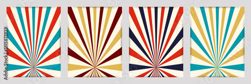 Striped vertical poster set with colorful blue red yellow rays, empty space for headline. Vintage design for banner template, magic show, theatre, attractions, carnival events. Vector illustration