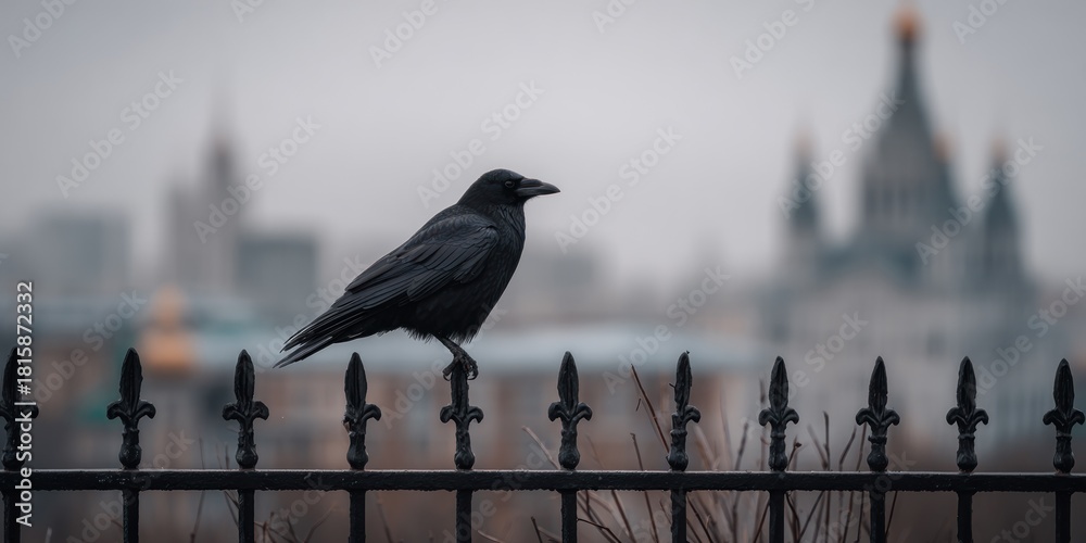 Naklejka premium Raven Perched on a Fence with Cityscape Backdrop on Overcast Day.