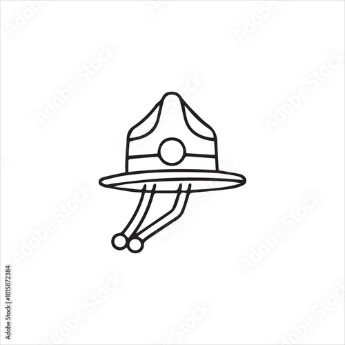Simple line art illustration of a hat with a chin strap and circular details.