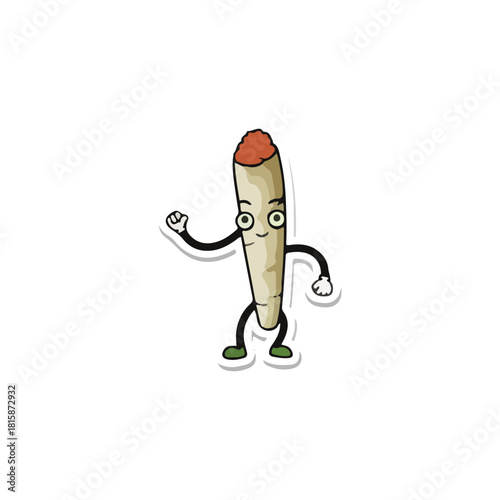 Cartoon illustration of a cheerful, anthropomorphic cigarette or joint character dancing with arms raised on a white background.