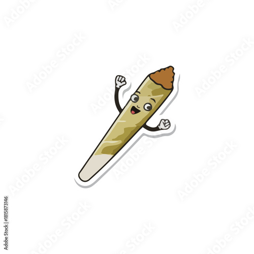 Animated cartoon illustration of a cannabis joint with arms and a happy face, celebrating.