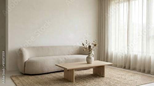 Japandi living room corner featuring a curved beige linen sofa