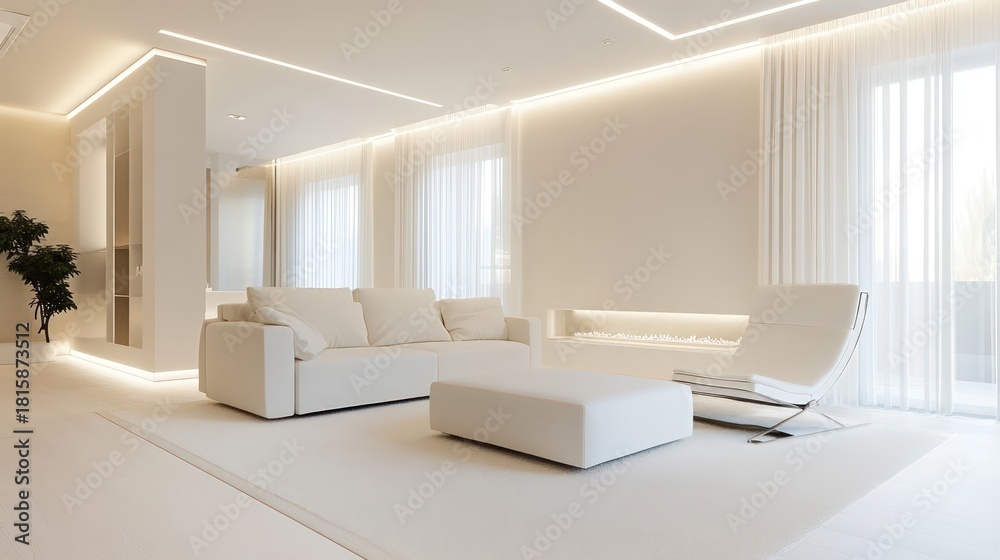Fototapeta premium Modern minimalist living room with white furniture, bright ambient lighting