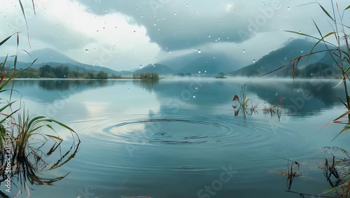 Serene Lakeside Reflection During Gentle Rain