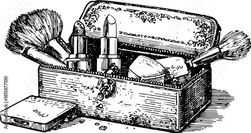 Vintage makeup box with lipstick and brushes. Detailed vector illustration of cosmetic accessories set in a stylish container.