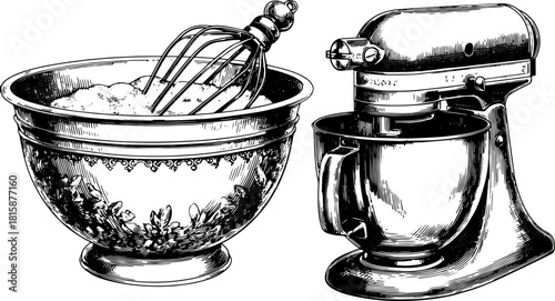 Vintage mixer and bowl with whisk in detailed line drawing. Classic kitchenware set, suitable for culinary art and retro vector illustration.