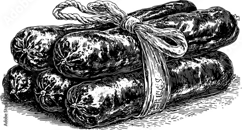 Engraving illustration of a sausage stack in vintage style. Detailed black outline set featuring traditional cured meat and rope bound elements.