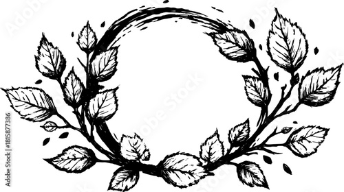 Black and white leaves and branches create a circular wreath design. This botanical illustration serves as a decorative vector set for various applications.