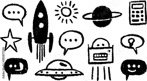 Rocket and UFO illustrations in a hand-drawn style. This set includes various doodles, such as stars and chat bubbles, in a vector illustration format.