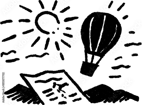 Hot air balloon flying in a clear sky, surrounded by clouds and sun. Black and white vector illustration depicting travel and adventure.