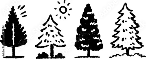 Hand-drawn black and white tree illustration set. Simple and flat vector graphics featuring various tree types and shapes.
