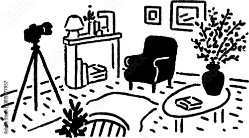 Room with furniture including a camera, lamp, and chair. Hand-drawn black and white vector illustration of a cozy interior set.