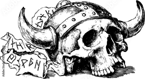 Viking skull with horns. Detailed engraving style in monochrome, vector illustration showcasing historical and cultural elements as a set.