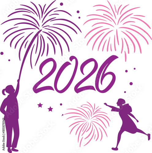 Fireworks Celebration: A vibrant artistic representation of 2026, featuring silhouettes of people setting off colorful fireworks in a festive atmosphere.
