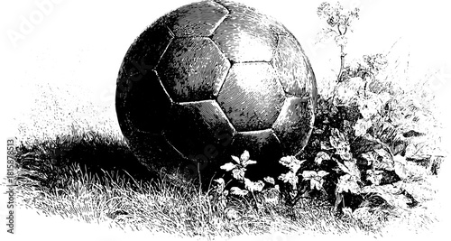 Soccer ball in vintage engraving art style. Outlined illustration featuring grass and plants, creating a classic sports equipment vector image.