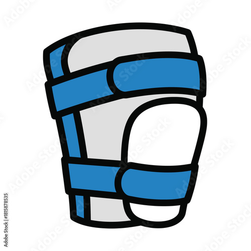 Cartoon illustration of a medical knee brace with blue straps for injury support