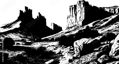 Black and white landscape engraving of mountains and hills. Vintage line drawing illustrating rural scenery in a striking vector illustration.