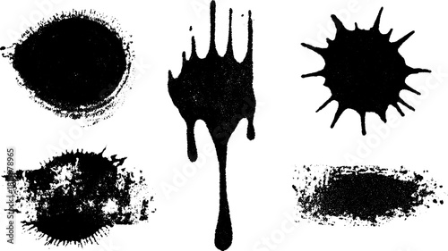 Black splats and splashes. Vintage vector illustration set featuring fluid strokes and textures for artistic backgrounds and graphics.
