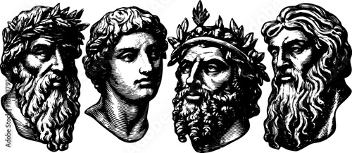 Historical statues of men in monochrome engraving style. Detailed vector illustration depicting philosophy and culture in a classic set.