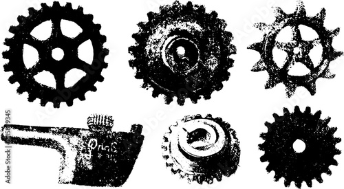 Gear and cog illustrations in vintage line drawing style. Black and white vector illustration featuring industrial equipment set.