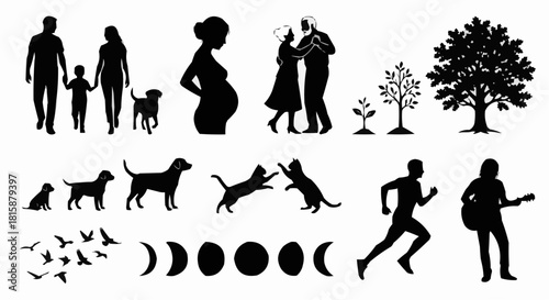 Silhouette illustrations depicting various stages of life, family, pets, nature, and activities in black against a white background.