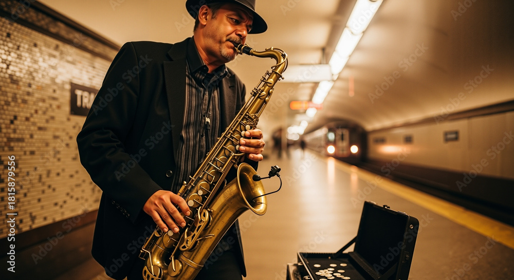Fototapeta premium Busker playing saxophone in subway corridor during evening hours 
