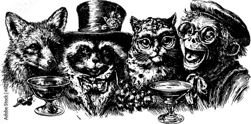 Animals in vintage illustration: fox, raccoon, owl, and monkey with hats and glasses, holding cocktails. Humorous vector art set.
