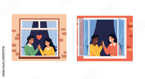 A loving couple in neighboring apartments connecting their hands through open windows symbolizing love and togetherness during quarantine.