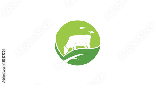 A simple and clean logo design featuring a white silhouette of a grazing cow inside a green leaf-shaped circle.